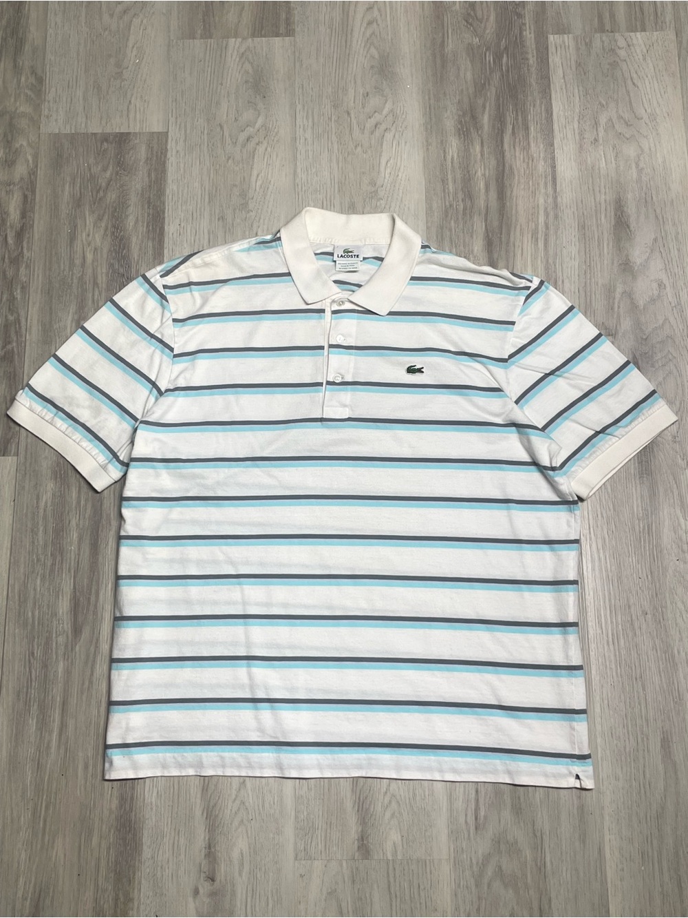 Lacoste White Polo with Light Blue and Gray Stripes Sz 7